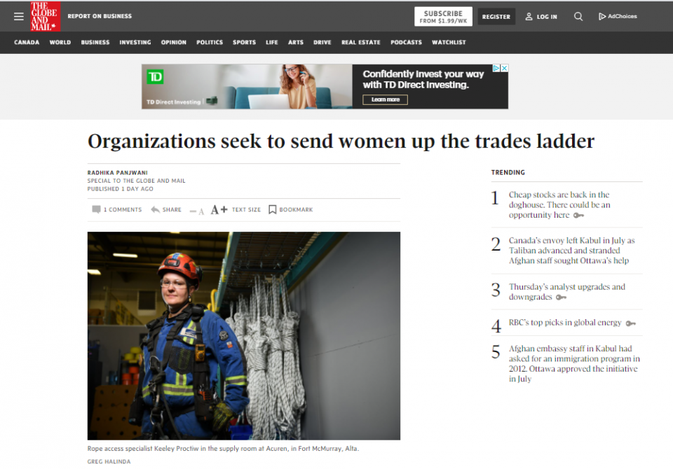 In the News: "Organizations seek to send women up the trades ladder"